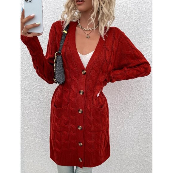 Disi Womens Red Cardigan Long Sleeves Cable Knit Open Front Loose Sweaters - Picture 3 of 5